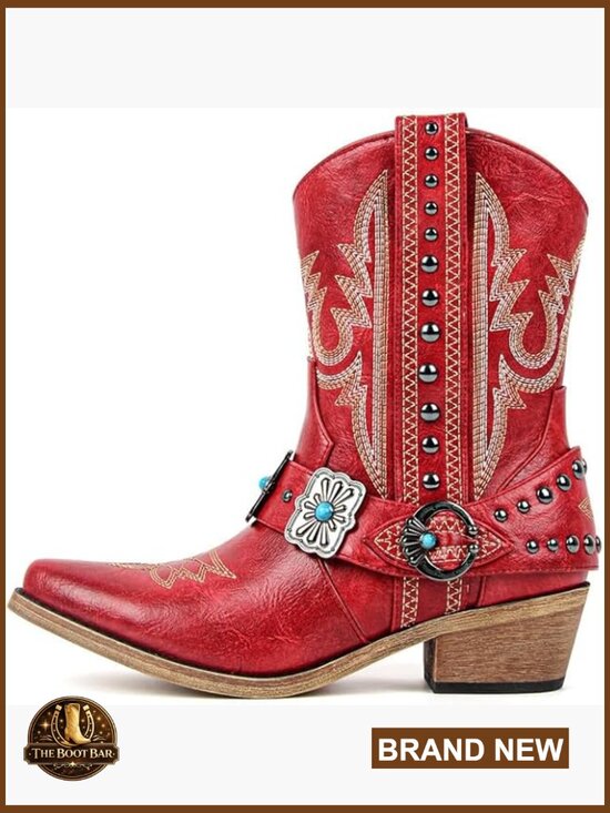 Shoes - Women's Ankle Western Boots with Embroidery Studded Harness Block Heel